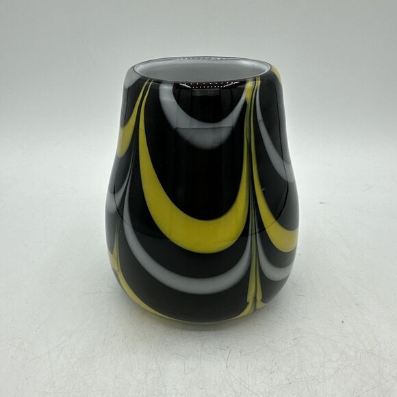 Vase Glass Hand Blown Black White Yellow Small 4.5” Candle Holder - Picture 3 of 15
